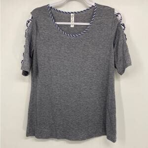 PerSeption Womens Gray with Blue White Stripes Shirt Top NEW Large